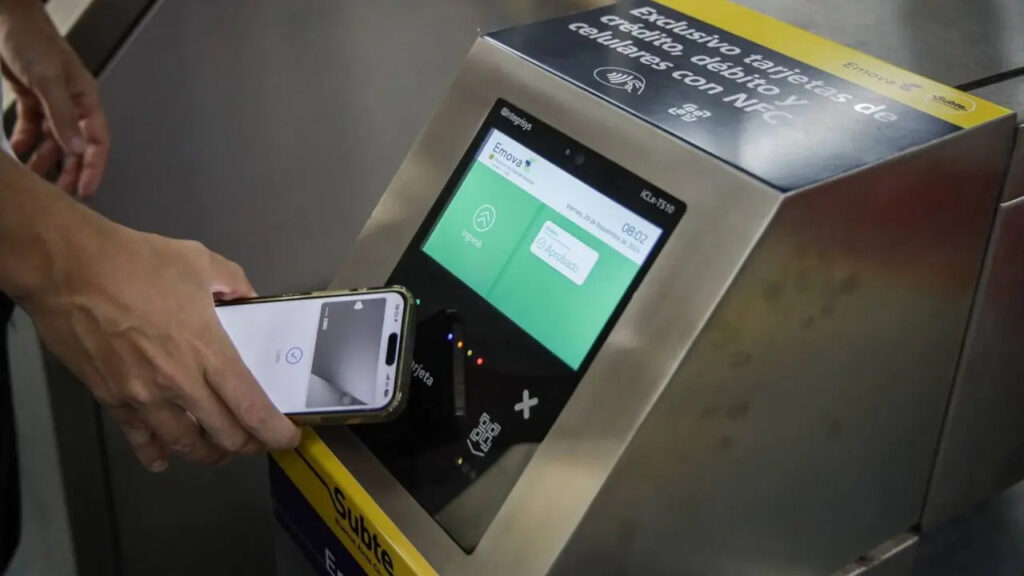 Paying with a smartphone at the Buenos Aires Subte subway station.
